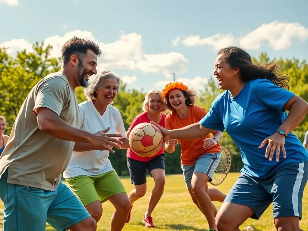A vibrant scene from a recreational handball event, with participants of all ages enjoying a friendly match and community atmosphere.