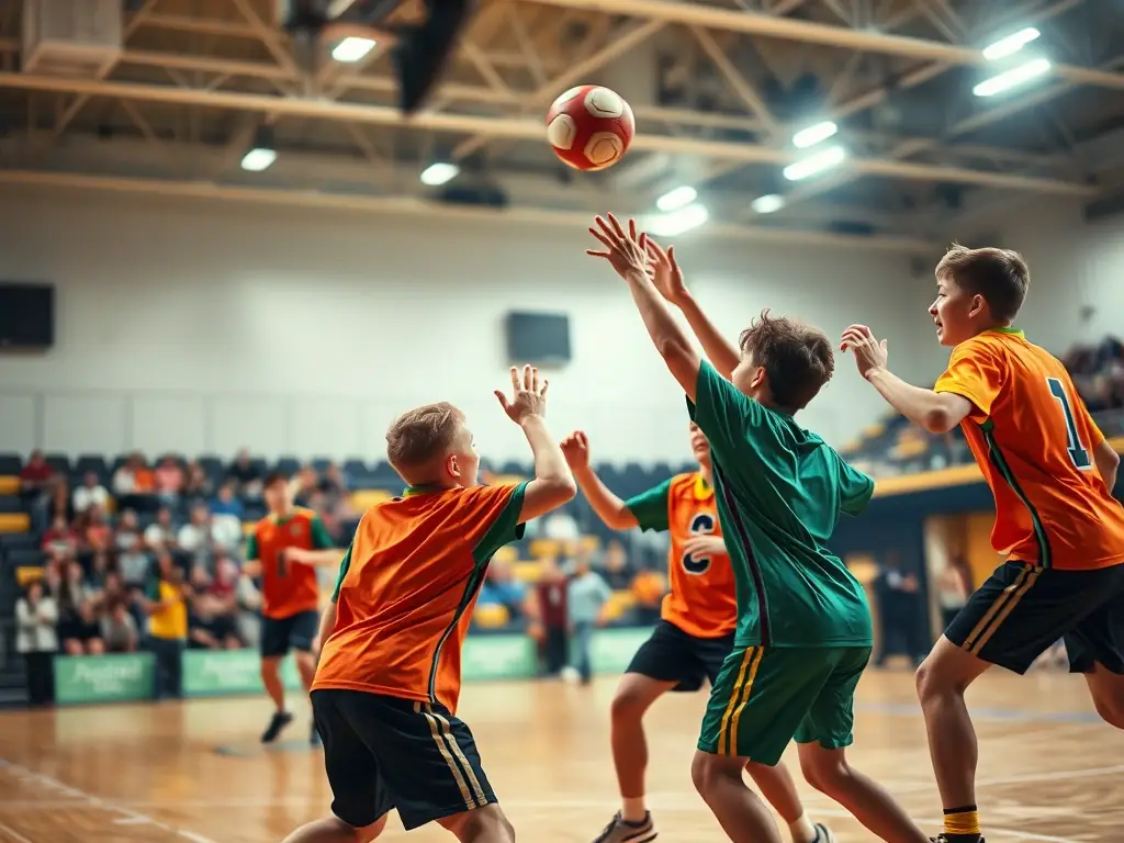 An image of adult handball players engaged in a competitive match, showcasing the intensity and excitement of the sport, with spectators cheering in the background.