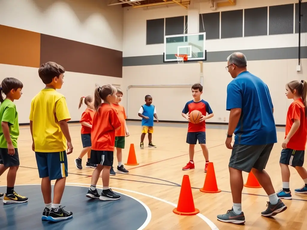 A dynamic shot of youth handball players in action during a training session, showcasing their agility and teamwork.