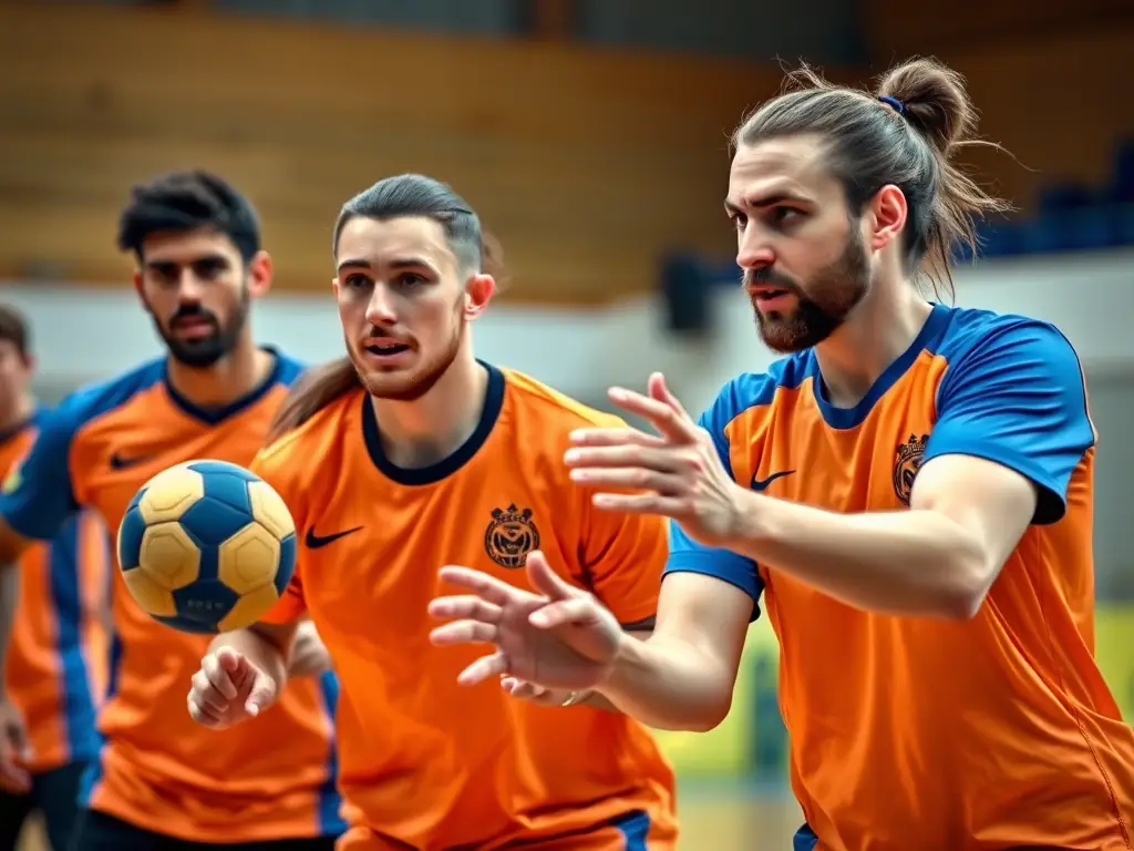A group of adult handball players engaged in a practice match, demonstrating strategic plays and competitive spirit.