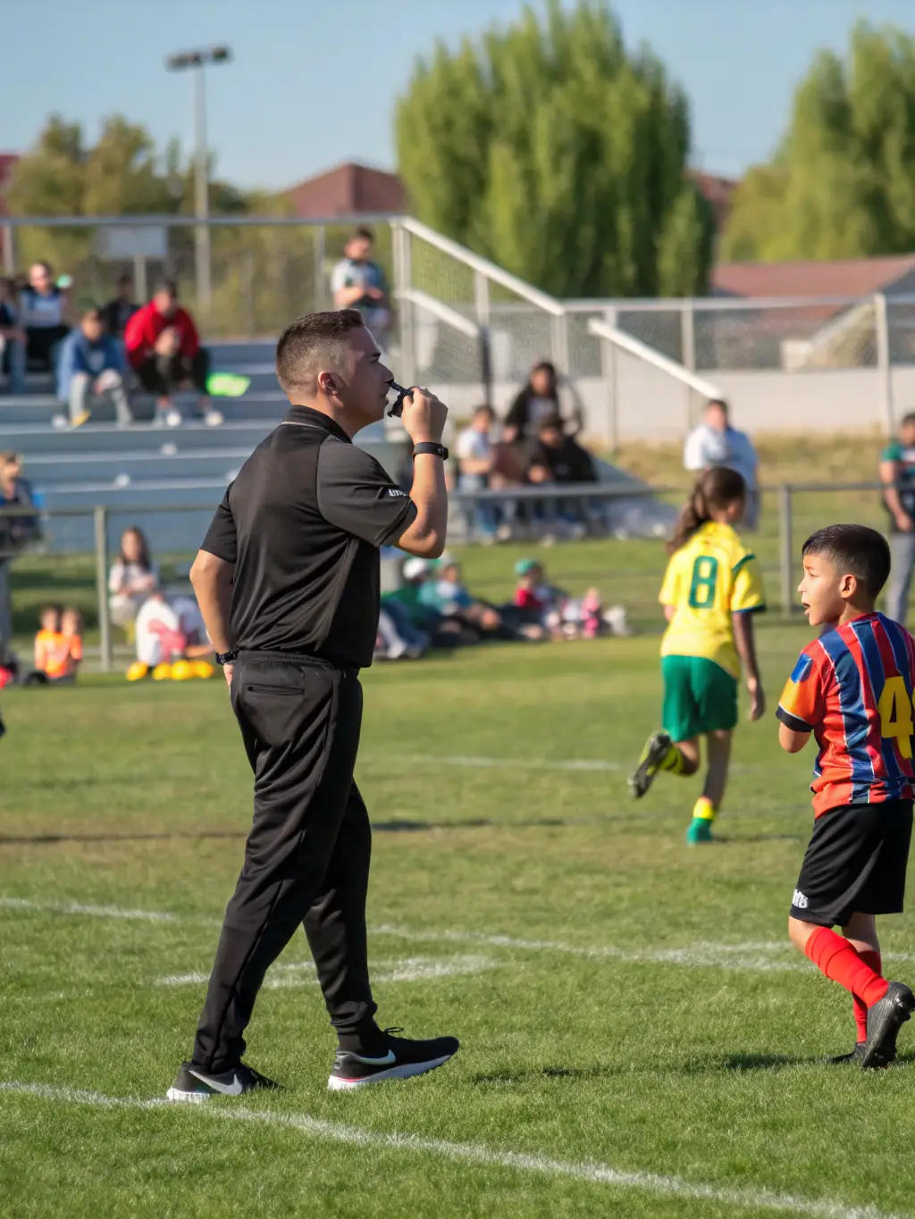A focused shot of a handball referee officiating a match, emphasizing their expertise and control over the game, with players and coaches in the background.