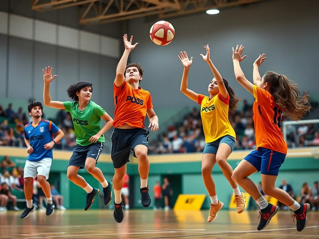 A dynamic action shot of a handball match, showcasing both competitive and recreational players in action. The players are displaying skill, teamwork, and enthusiasm, reflecting the diverse opportunities available at HAND LEVEZOU.