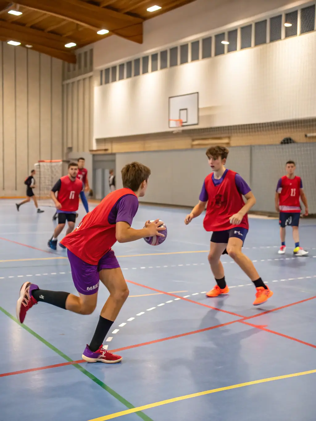 A close-up photo of young handball players participating in a training session at HAND LEVEZOU, focusing on their determination and teamwork as they practice passing drills.