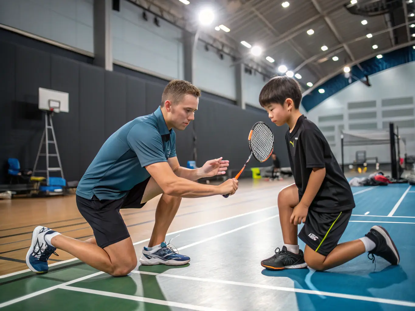 A seasoned handball coach is providing one-on-one guidance to a player during a training session. The coach is offering specific feedback and encouragement, highlighting the personalized attention and expert instruction available at HAND LEVEZOU.