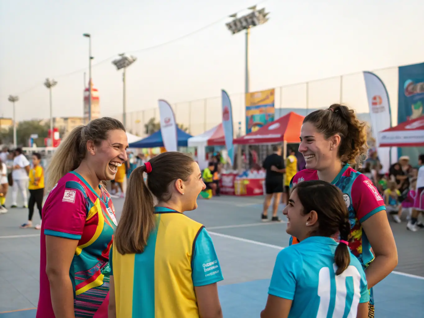 A photograph of a community gathering organized by HAND LEVEZOU, featuring members of all ages participating in a friendly handball match. The image should highlight the sense of community and camaraderie within the association.
