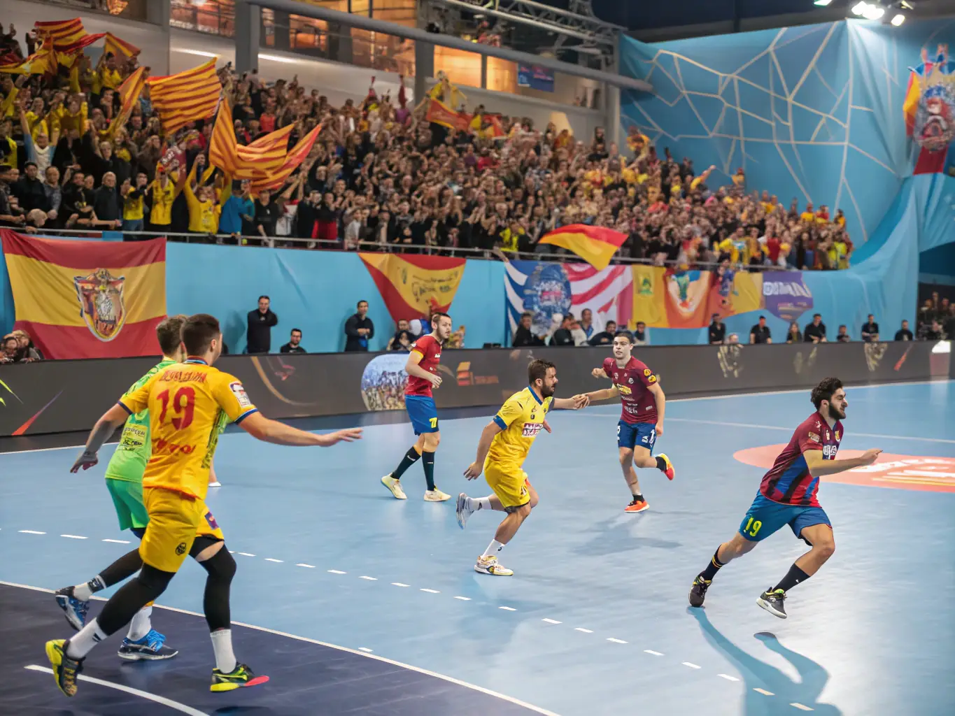 A group of handball enthusiasts participating in a recreational game, emphasizing the social and community aspects of the sport, with smiles and camaraderie evident.