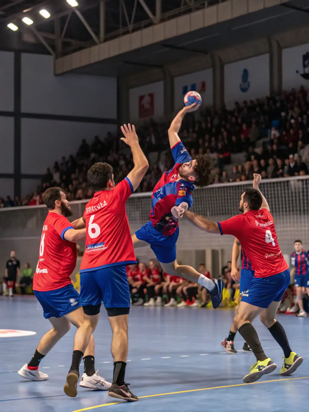 A dynamic action shot of a handball tournament in Pont-de-Salars, showcasing players in mid-air, attempting a goal with spectators cheering in the background. The image captures the energy and excitement of the event.