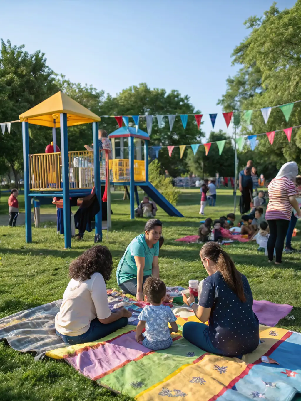 A vibrant image of a community gathering organized by HAND LEVEZOU, featuring members and their families enjoying food, games, and camaraderie in a park setting.