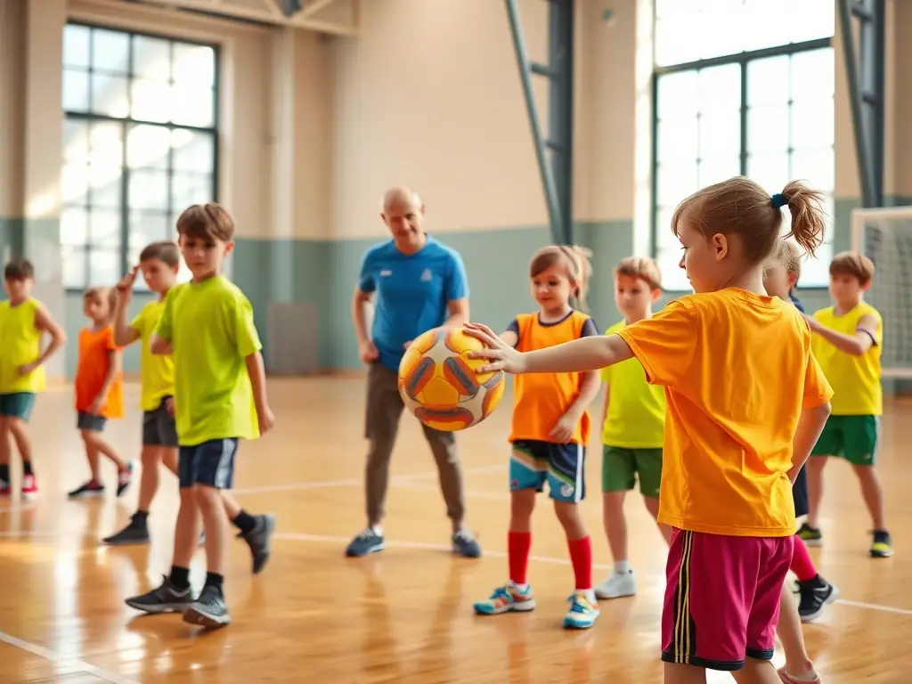 A dynamic action shot of youth handball players in a training session, focusing on skill development and teamwork, set against the backdrop of a modern indoor sports facility.