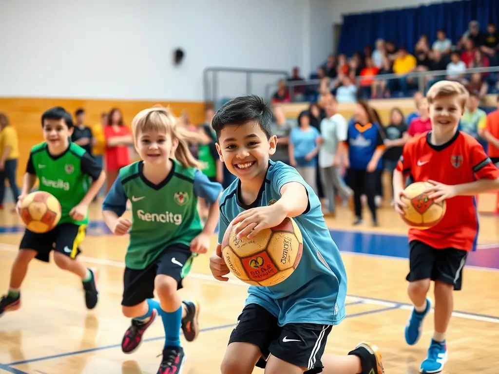 A diverse group of young handball players are gathered around a coach on an indoor court, listening attentively to instructions. The coach is demonstrating a technique, and the players are focused and engaged, showcasing the supportive learning environment at HAND LEVEZOU.