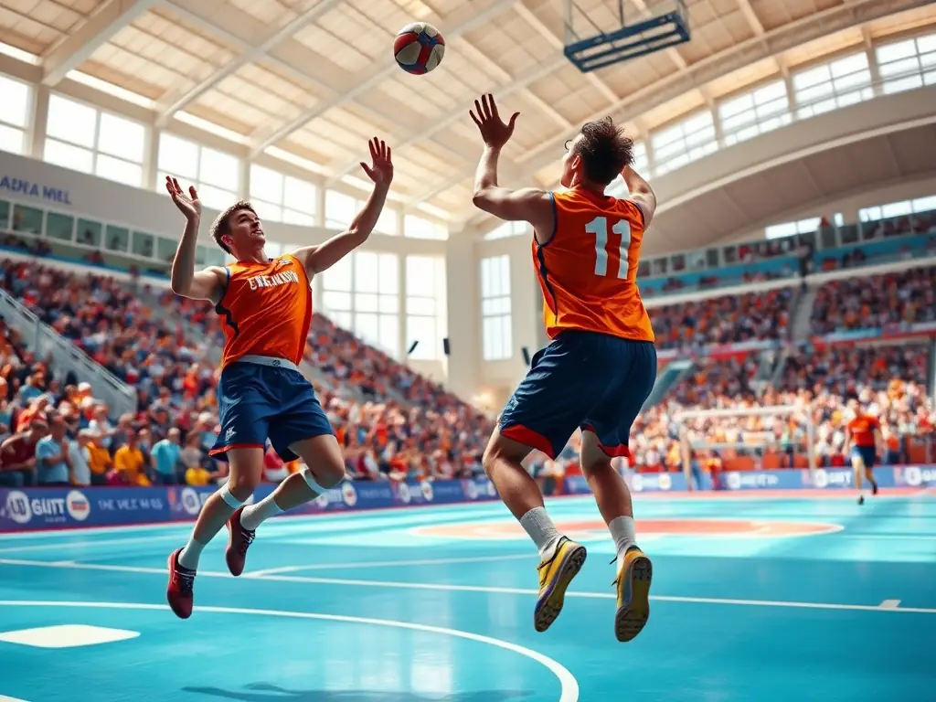A vibrant image of a handball tournament in progress, showcasing players in action, with spectators cheering in the background. The image should convey the energy and excitement of a competitive handball event.